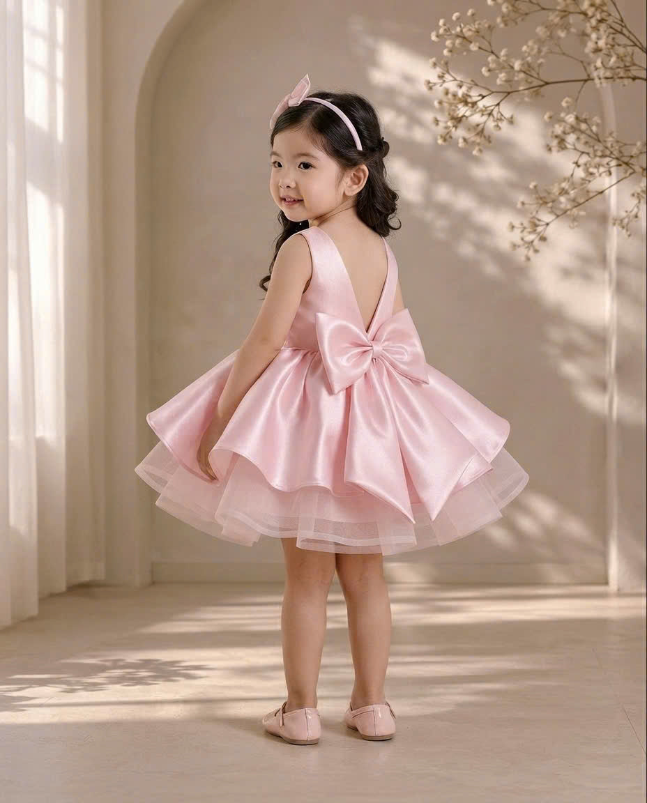Celeste Bow Party Dress 1–6 Years | Satin Flower Girl Dress with Oversized Back Bow | Girls Birthday, Wedding & Princess Dress