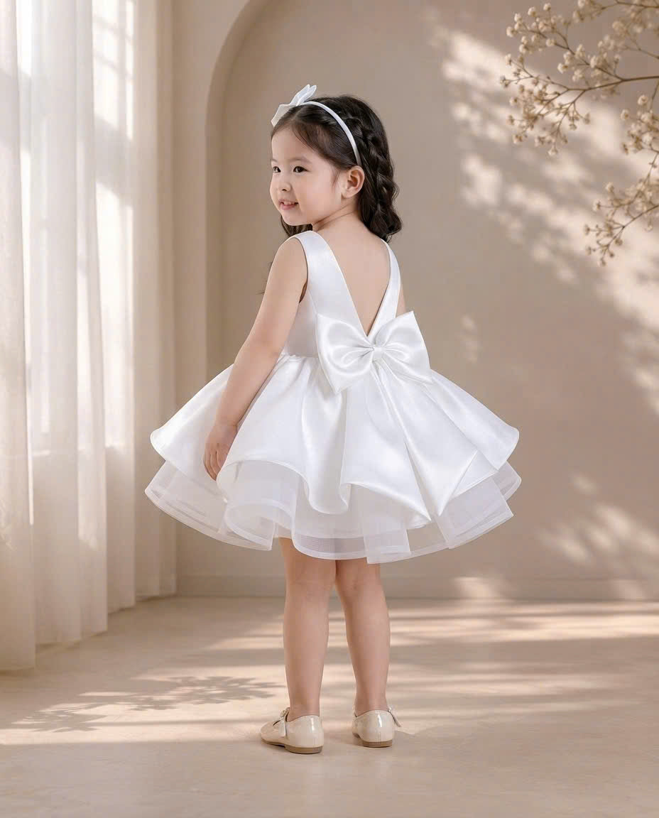 Celeste Bow Party Dress 1–6 Years | Satin Flower Girl Dress with Oversized Back Bow | Girls Birthday, Wedding & Princess Dress