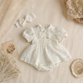 Ivory Lace Baby Romper Dress Newborn–2Years | Short Sleeve Christening, Baptism, First Birthday & Flower Girl Outfit