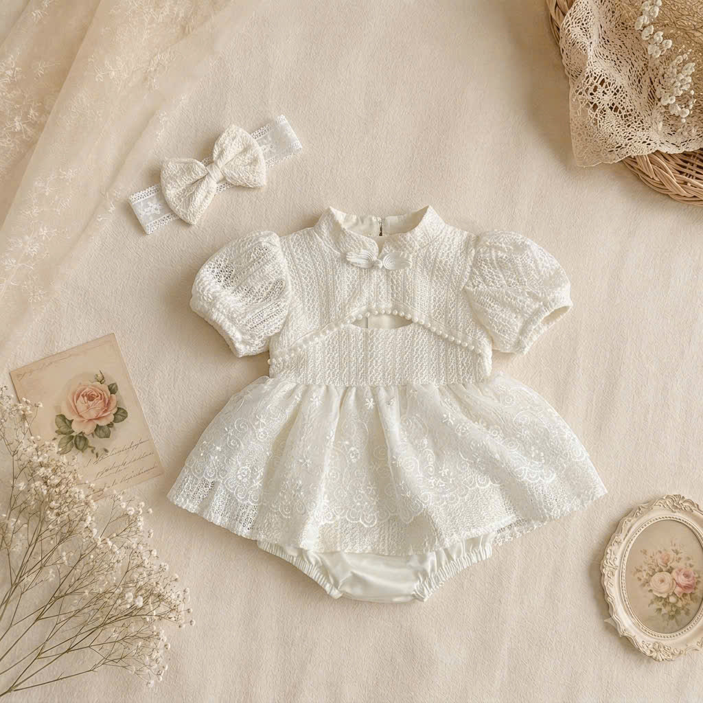 Ivory Lace Baby Romper Dress Newborn–2Years | Short Sleeve Christening, Baptism, First Birthday & Flower Girl Outfit