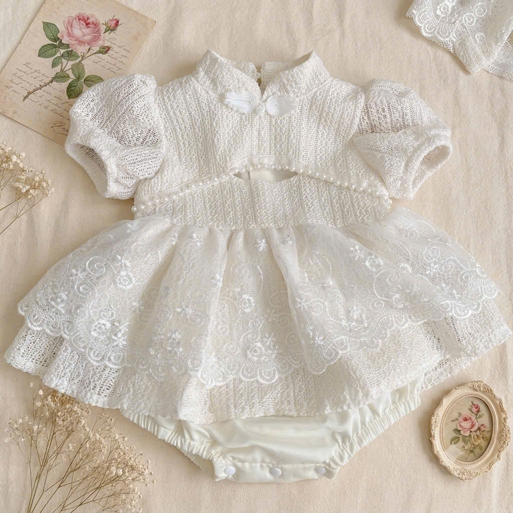 Ivory Lace Baby Romper Dress Newborn–2Years | Short Sleeve Christening, Baptism, First Birthday & Flower Girl Outfit