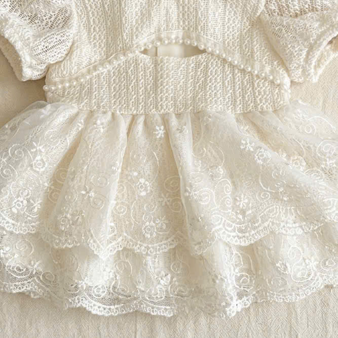 Ivory Lace Baby Romper Dress Newborn–2Years | Short Sleeve Christening, Baptism, First Birthday & Flower Girl Outfit