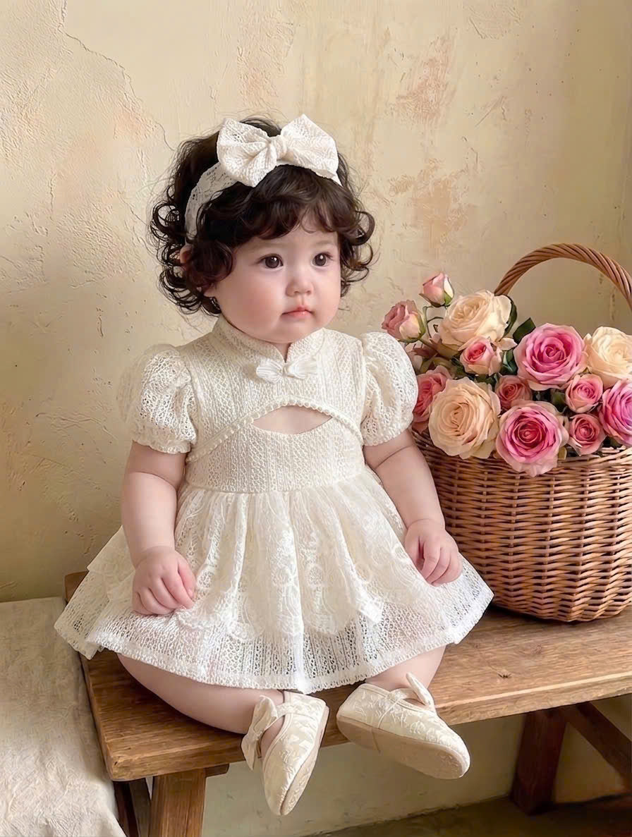 Ivory Lace Baby Romper Dress Newborn–2Years | Short Sleeve Christening, Baptism, First Birthday & Flower Girl Outfit