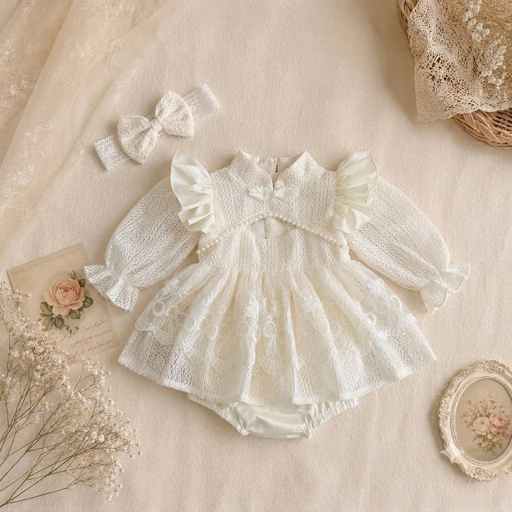 Ivory Lace Baby Romper Dress Newborn-2Years | Long Sleeve Christening, Baptism, First Birthday & Flower Girl Outfit