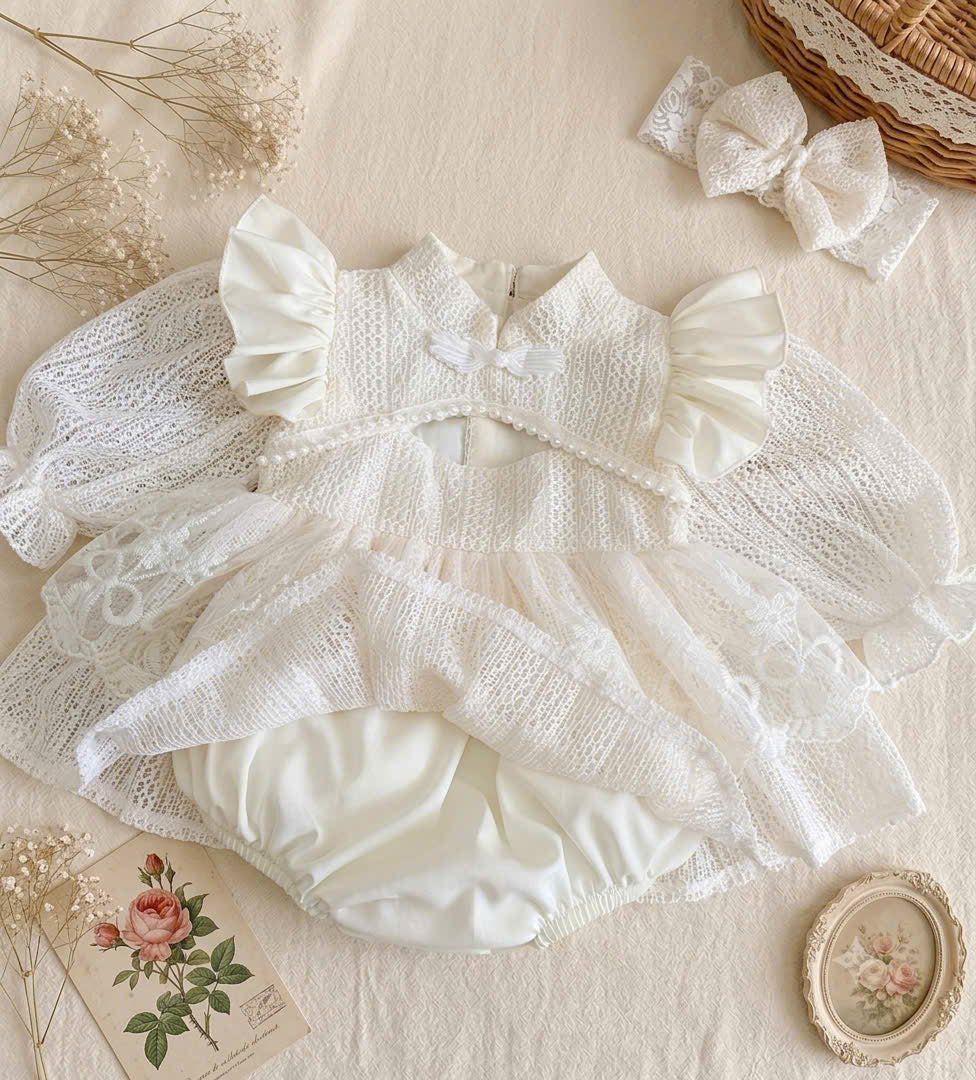 Ivory Lace Baby Romper Dress Newborn-2Years | Long Sleeve Christening, Baptism, First Birthday & Flower Girl Outfit