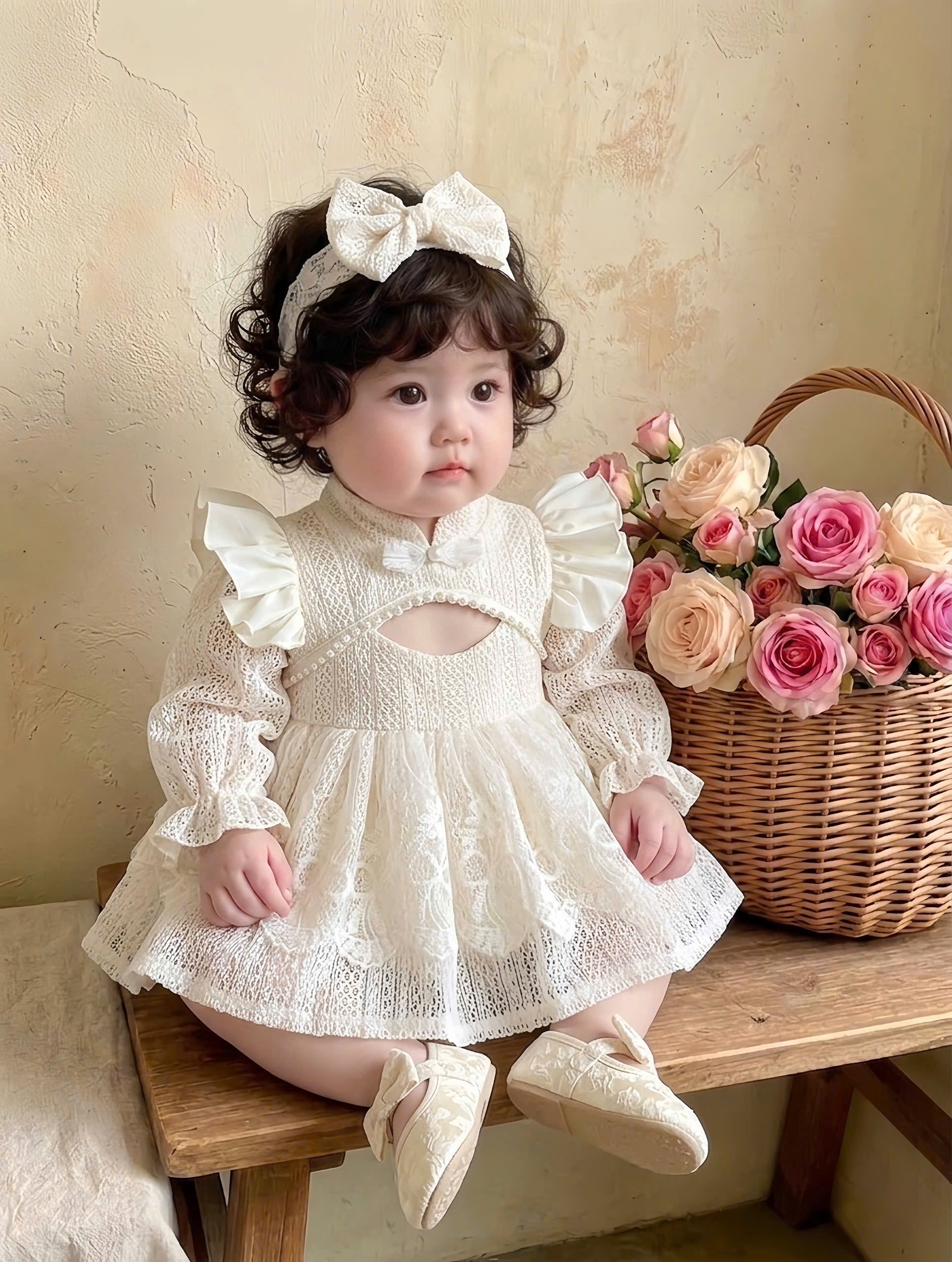 Ivory Lace Baby Romper Dress Newborn-2Years | Long Sleeve Christening, Baptism, First Birthday & Flower Girl Outfit