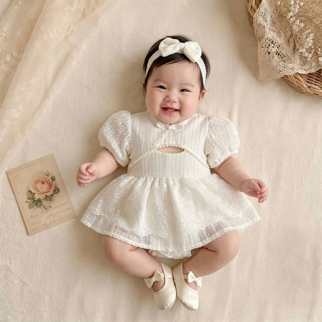 Ivory Lace Baby Romper Dress Newborn–2Years | Short Sleeve Christening, Baptism, First Birthday & Flower Girl Outfit