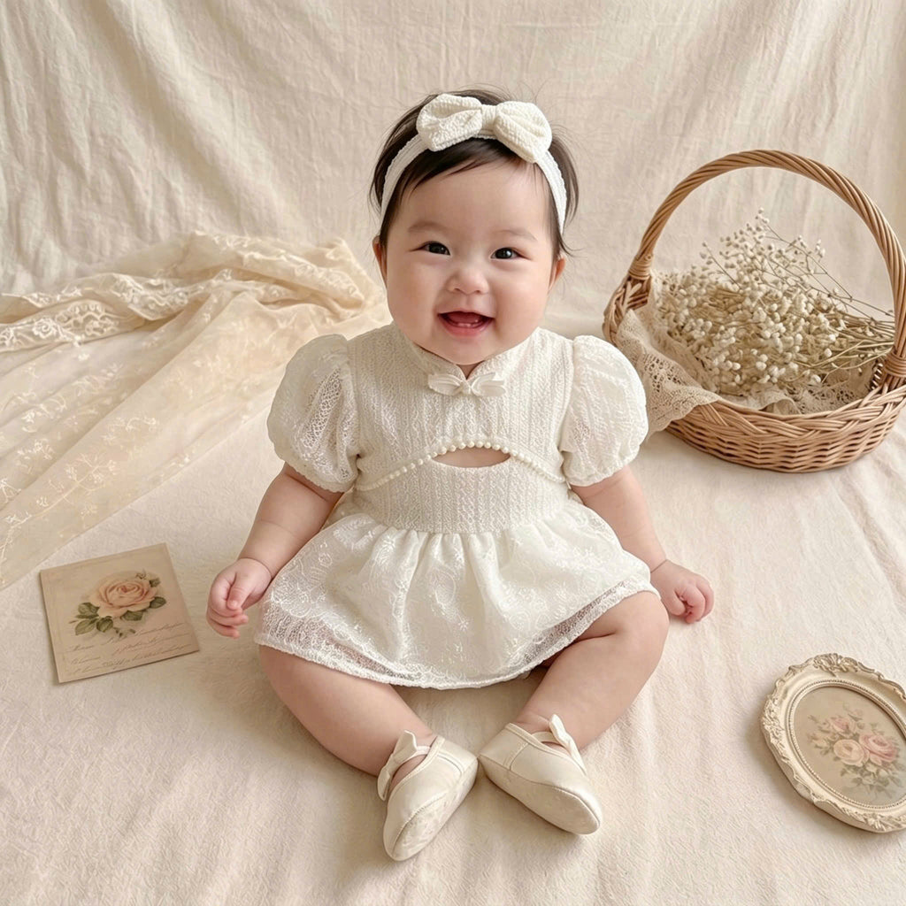 Ivory Lace Baby Romper Dress Newborn–2Years | Short Sleeve Christening, Baptism, First Birthday & Flower Girl Outfit
