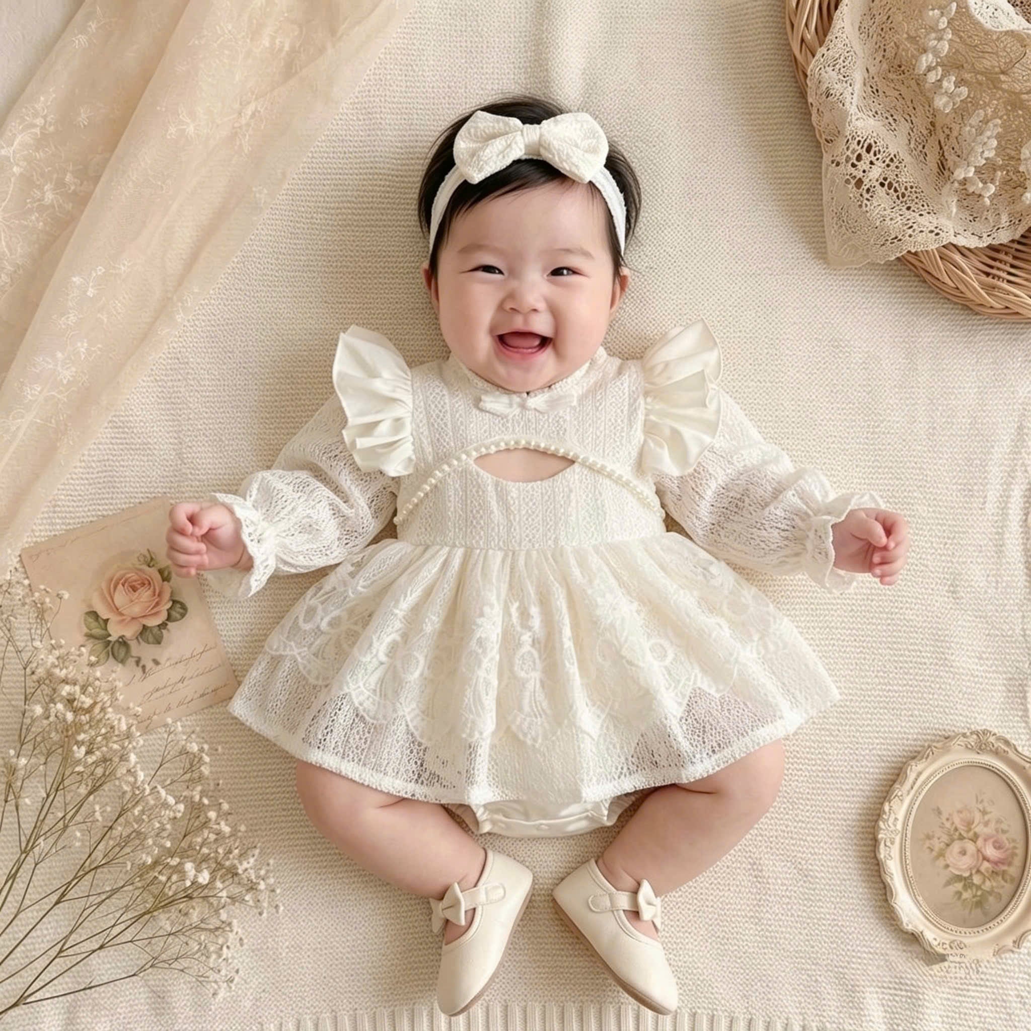 Ivory Lace Baby Romper Dress Newborn-2Years | Long Sleeve Christening, Baptism, First Birthday & Flower Girl Outfit
