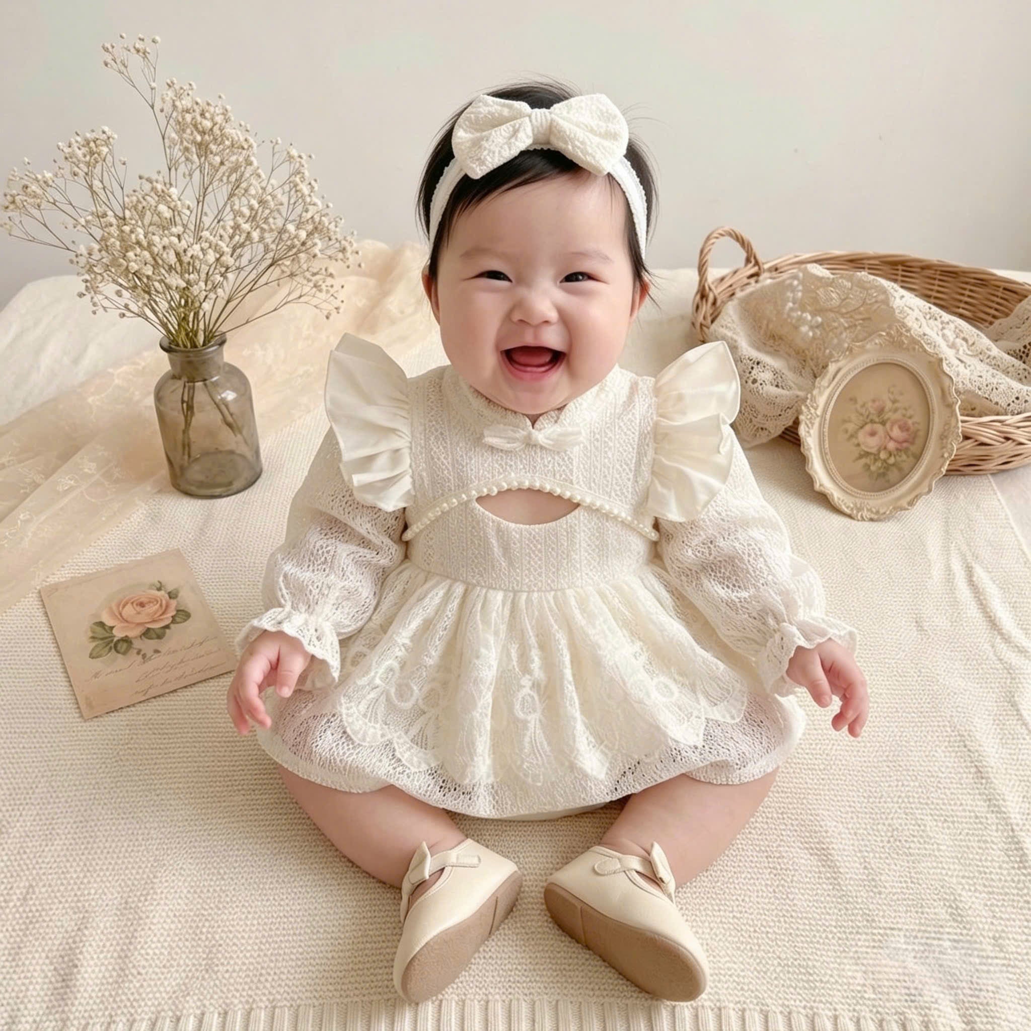 Ivory Lace Baby Romper Dress Newborn-2Years | Long Sleeve Christening, Baptism, First Birthday & Flower Girl Outfit