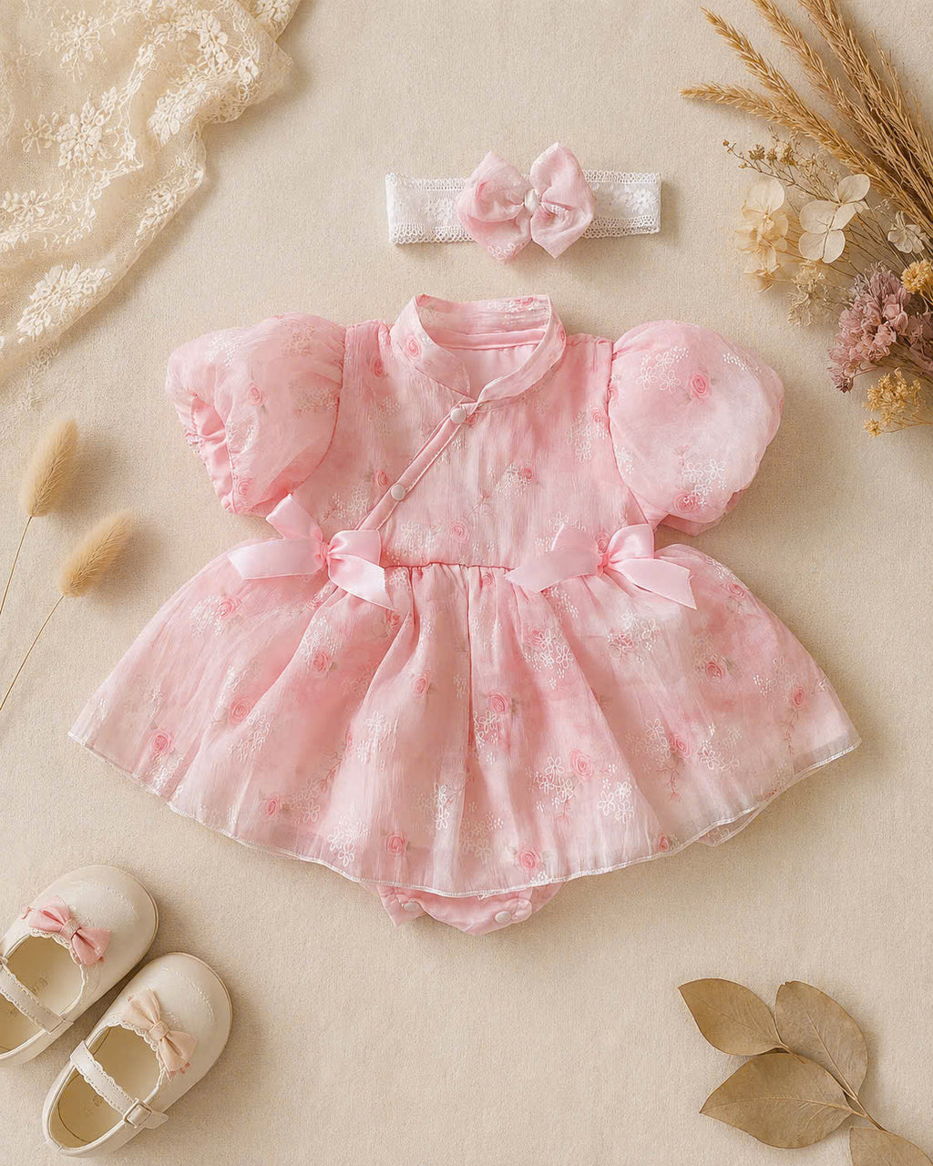 Cheongsam Romper Dress – Blush Peony Silk Newborn–12 Months | Floral Baby Romper with Matching Lace Headband | Lunar New Year Outfit