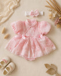 Cheongsam Romper Dress – Blush Peony Silk Newborn–12 Months | Floral Baby Romper with Matching Lace Headband | Lunar New Year Outfit
