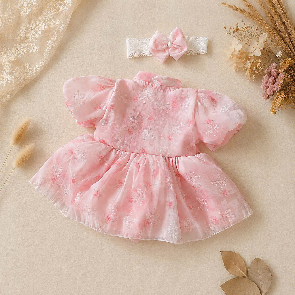 Cheongsam Romper Dress – Blush Peony Silk Newborn–12 Months | Floral Baby Romper with Matching Lace Headband | Lunar New Year Outfit