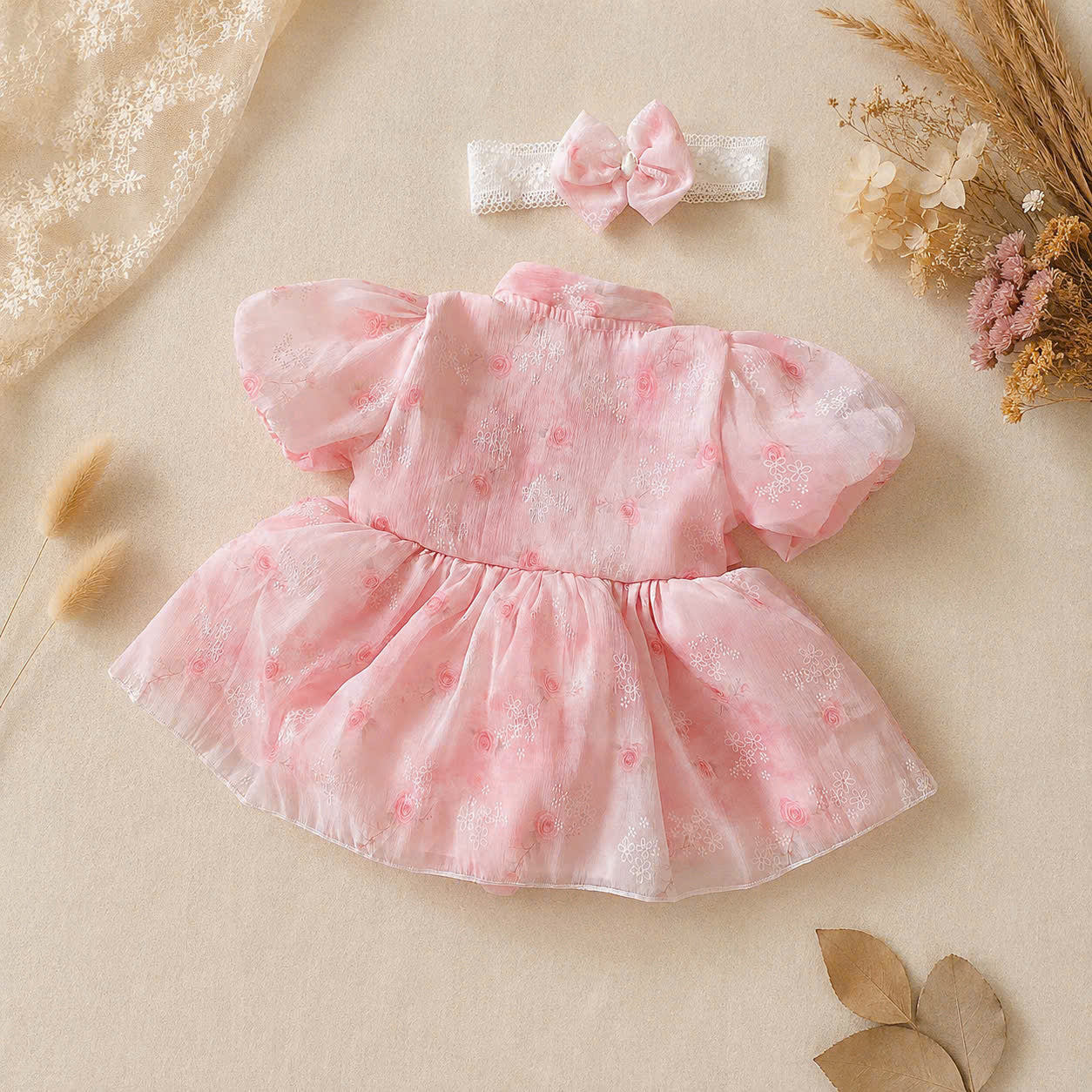 Cheongsam Romper Dress – Blush Peony Silk Newborn–12 Months | Floral Baby Romper with Matching Lace Headband | Lunar New Year Outfit