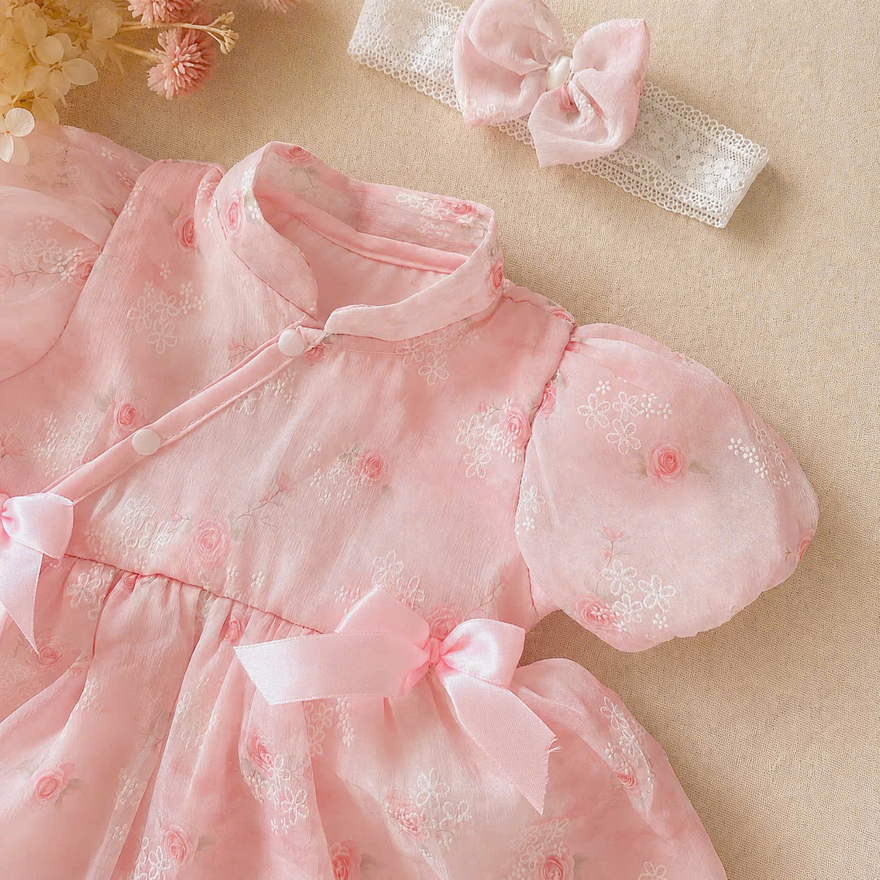 Cheongsam Romper Dress – Blush Peony Silk Newborn–12 Months | Floral Baby Romper with Matching Lace Headband | Lunar New Year Outfit