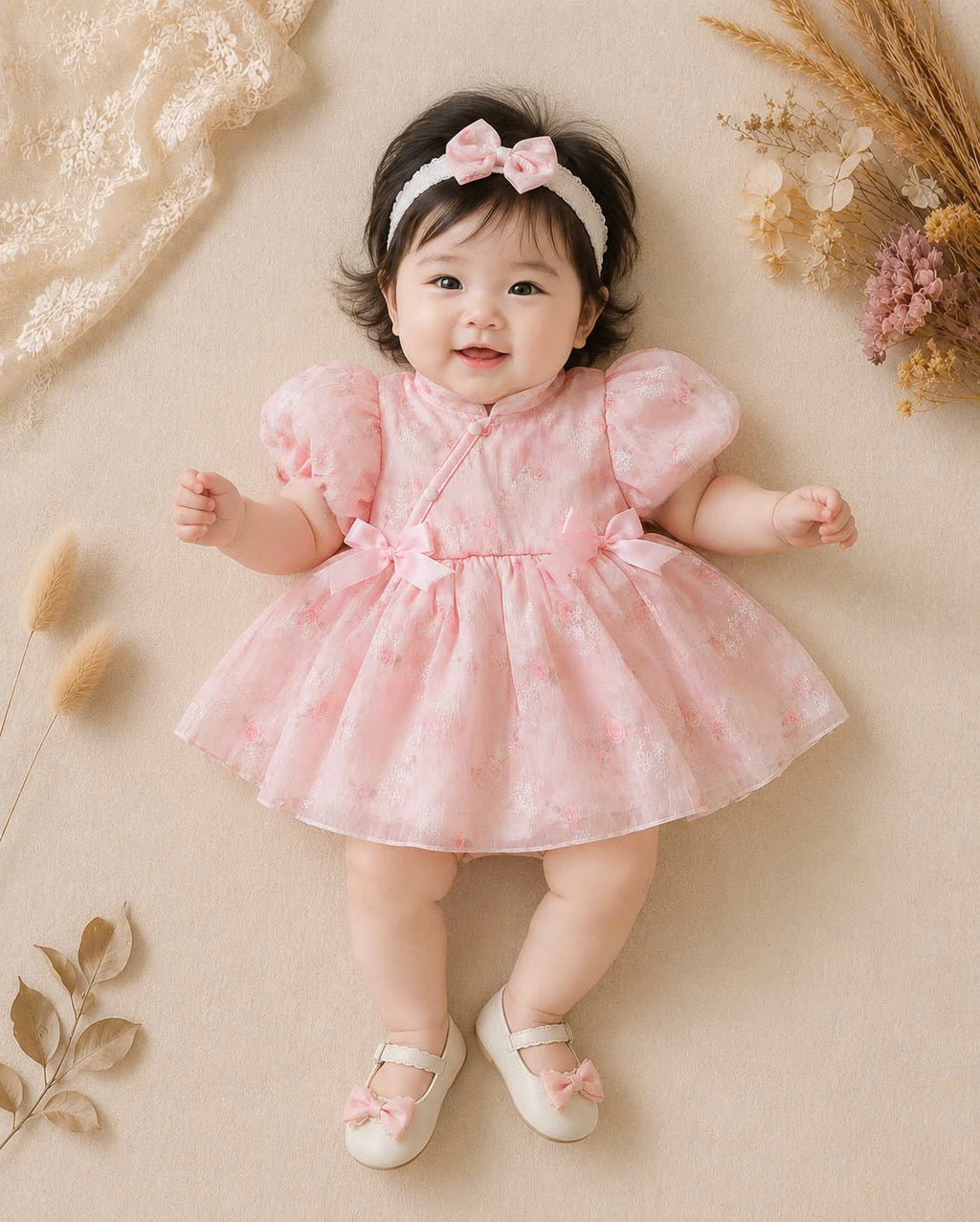 Cheongsam Romper Dress – Blush Peony Silk Newborn–12 Months | Floral Baby Romper with Matching Lace Headband | Lunar New Year Outfit