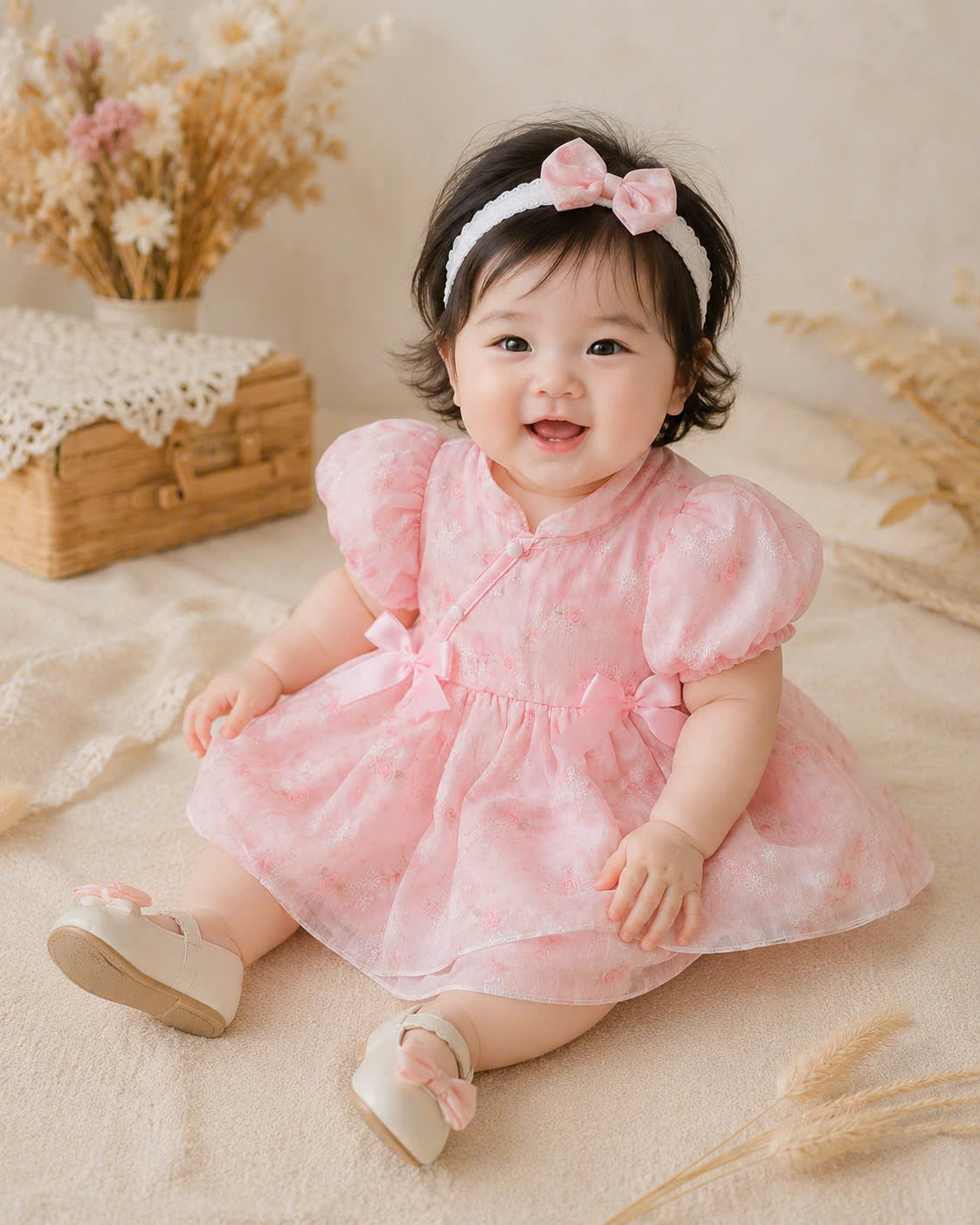 Cheongsam Romper Dress – Blush Peony Silk Newborn–12 Months | Floral Baby Romper with Matching Lace Headband | Lunar New Year Outfit