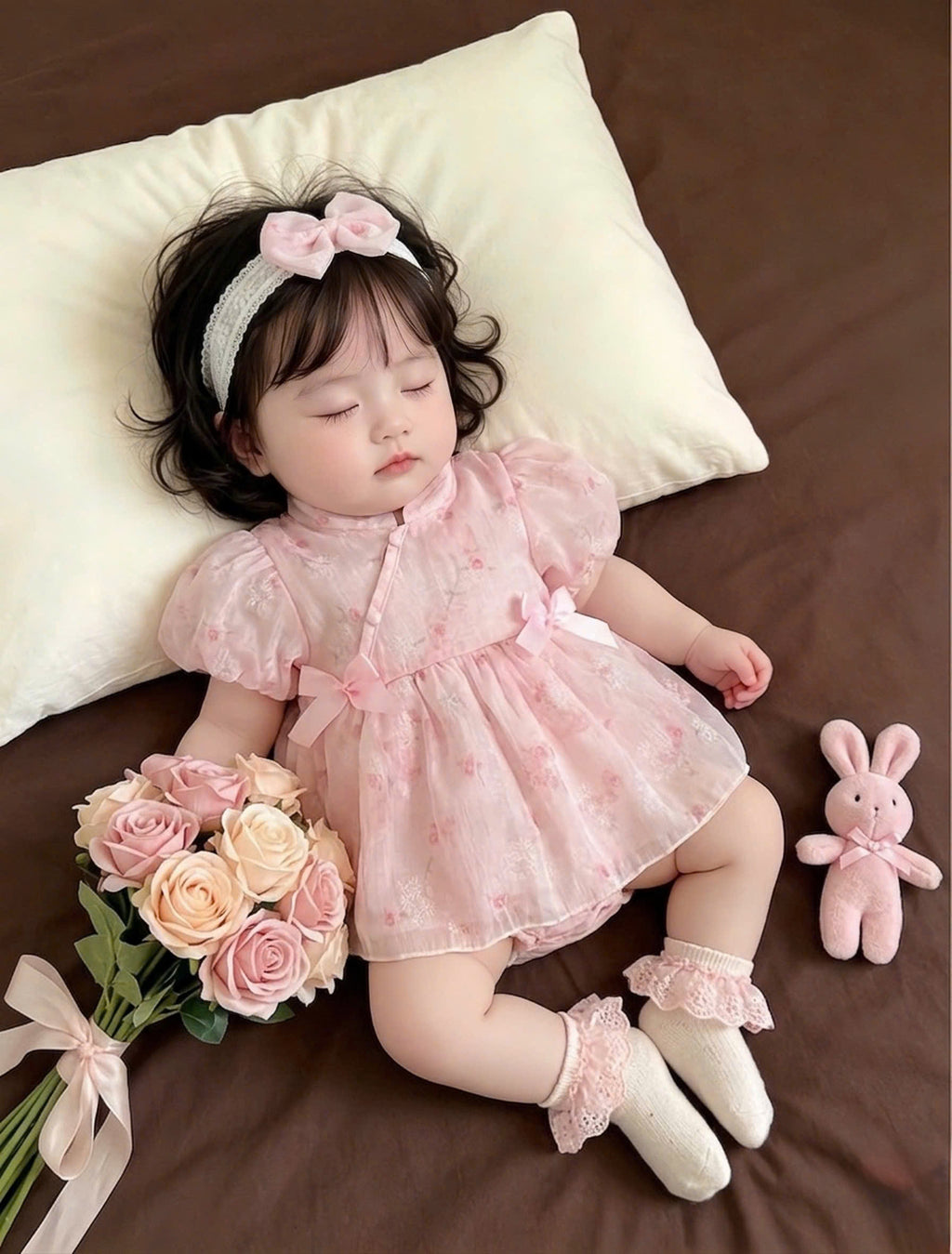Cheongsam Romper Dress – Blush Peony Silk Newborn–12 Months | Floral Baby Romper with Matching Lace Headband | Lunar New Year Outfit