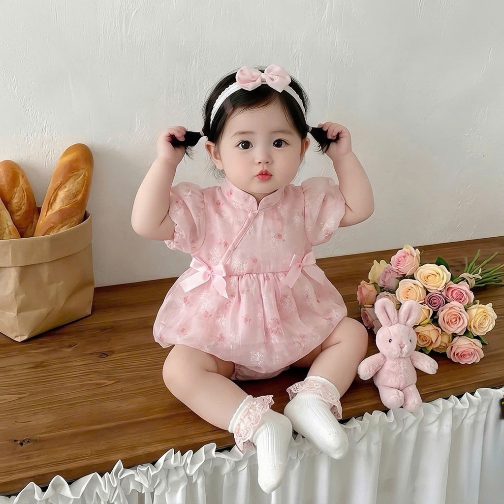 Cheongsam Romper Dress – Blush Peony Silk Newborn–12 Months | Floral Baby Romper with Matching Lace Headband | Lunar New Year Outfit