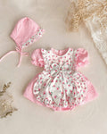 Pink Blossom Fleur Muslin Romper Set Newborn–2 Years | Cotton Apron Baby Outfit with Bonnet | Vintage Birthday & Photoshoot Outfit