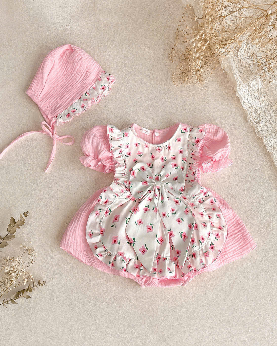 Pink Blossom Fleur Muslin Romper Set Newborn–2 Years | Cotton Apron Baby Outfit with Bonnet | Vintage Birthday & Photoshoot Outfit