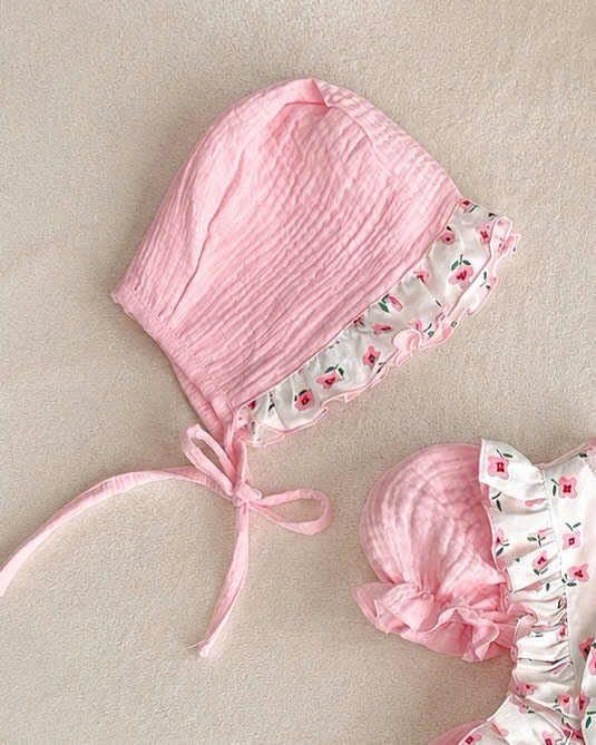 Pink Blossom Fleur Muslin Romper Set Newborn–2 Years | Cotton Apron Baby Outfit with Bonnet | Vintage Birthday & Photoshoot Outfit