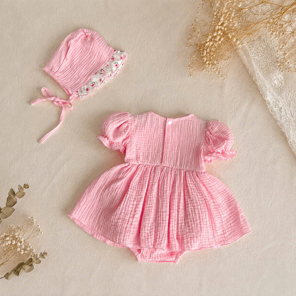 Pink Blossom Fleur Muslin Romper Set Newborn–2 Years | Cotton Apron Baby Outfit with Bonnet | Vintage Birthday & Photoshoot Outfit