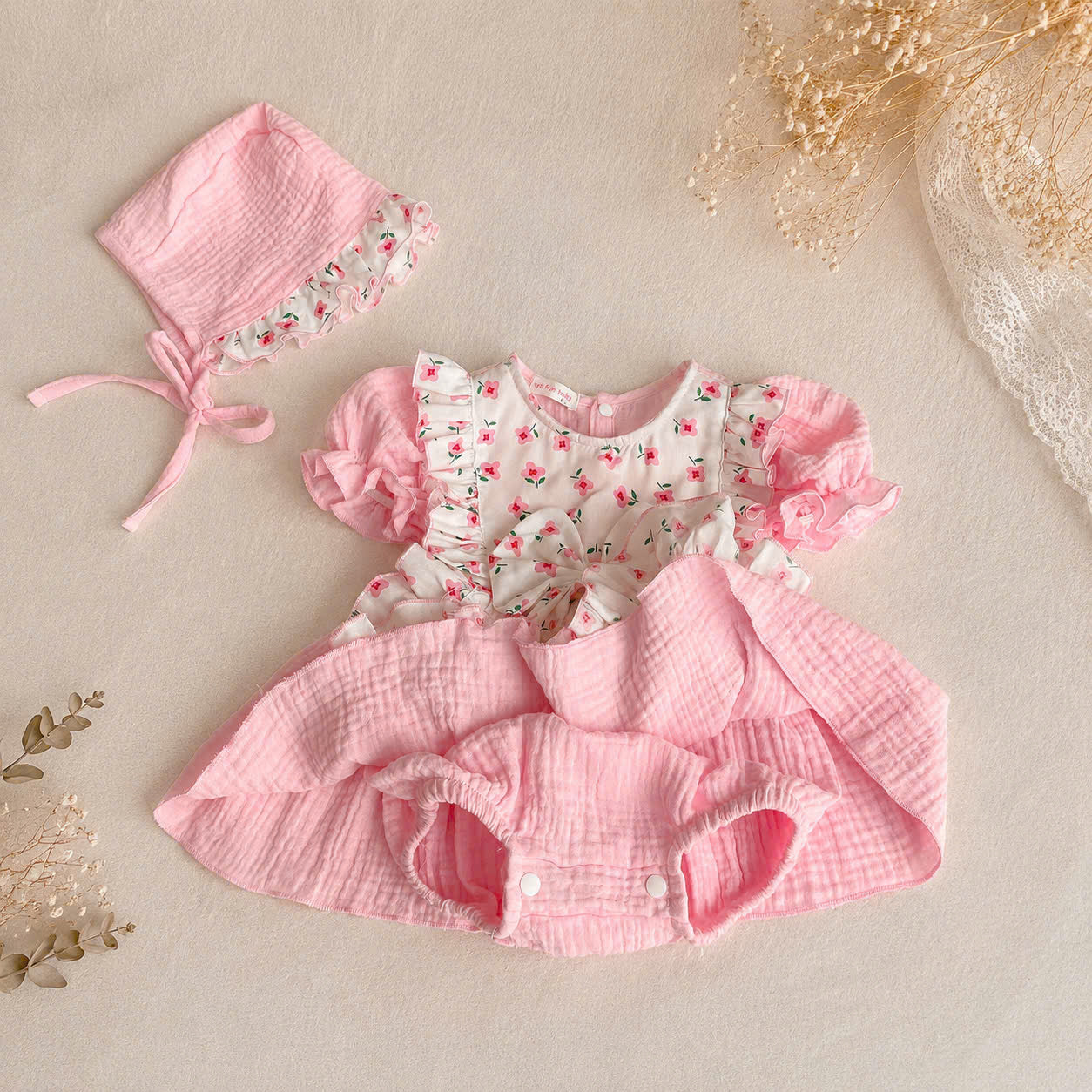 Pink Blossom Fleur Muslin Romper Set Newborn–2 Years | Cotton Apron Baby Outfit with Bonnet | Vintage Birthday & Photoshoot Outfit