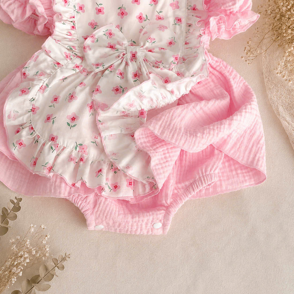Pink Blossom Fleur Muslin Romper Set Newborn–2 Years | Cotton Apron Baby Outfit with Bonnet | Vintage Birthday & Photoshoot Outfit