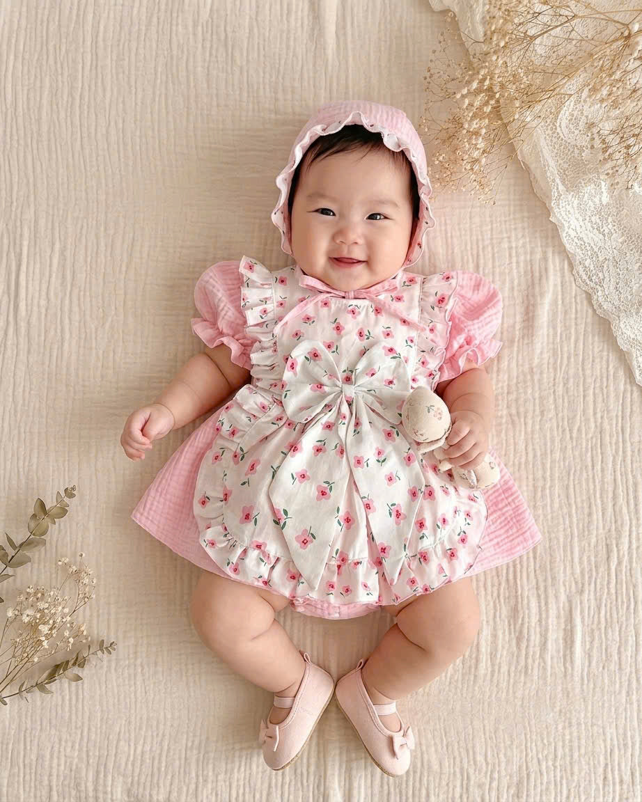 Pink Blossom Fleur Muslin Romper Set Newborn–2 Years | Cotton Apron Baby Outfit with Bonnet | Vintage Birthday & Photoshoot Outfit