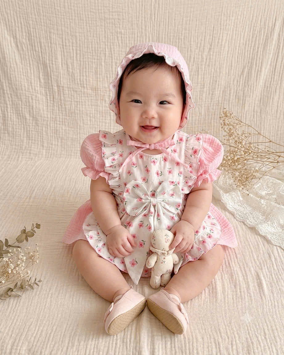 Pink Blossom Fleur Muslin Romper Set Newborn–2 Years | Cotton Apron Baby Outfit with Bonnet | Vintage Birthday & Photoshoot Outfit