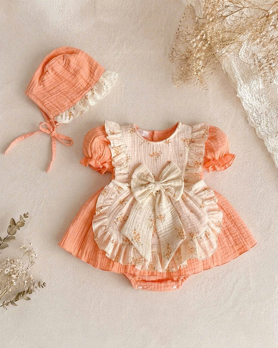 Peach Glow Fleur Muslin Romper Set Newborn–2 Years | Cotton Apron Baby Outfit with Bonnet | Vintage Birthday & Photoshoot Outfit