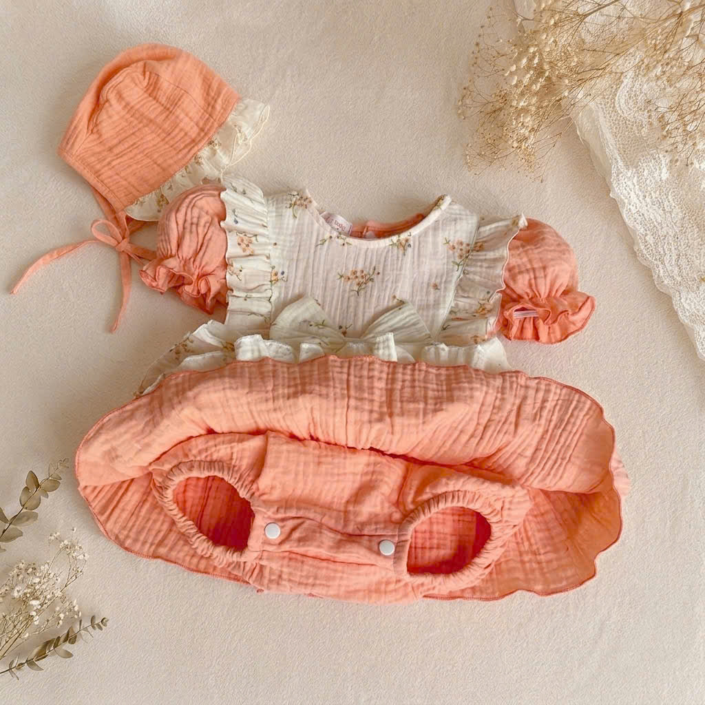 Peach Glow Fleur Muslin Romper Set Newborn–2 Years | Cotton Apron Baby Outfit with Bonnet | Vintage Birthday & Photoshoot Outfit