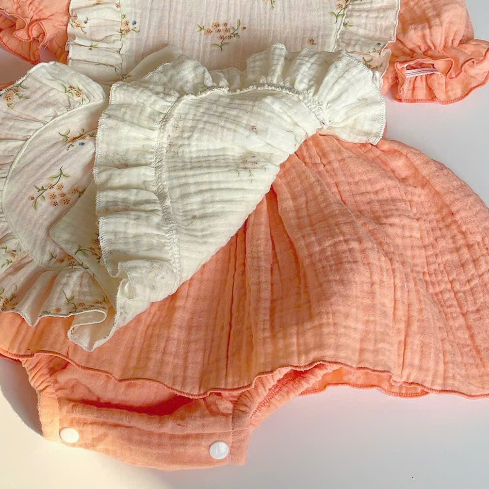 Peach Glow Fleur Muslin Romper Set Newborn–2 Years | Cotton Apron Baby Outfit with Bonnet | Vintage Birthday & Photoshoot Outfit