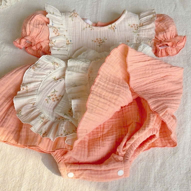 Peach Glow Fleur Muslin Romper Set Newborn–2 Years | Cotton Apron Baby Outfit with Bonnet | Vintage Birthday & Photoshoot Outfit