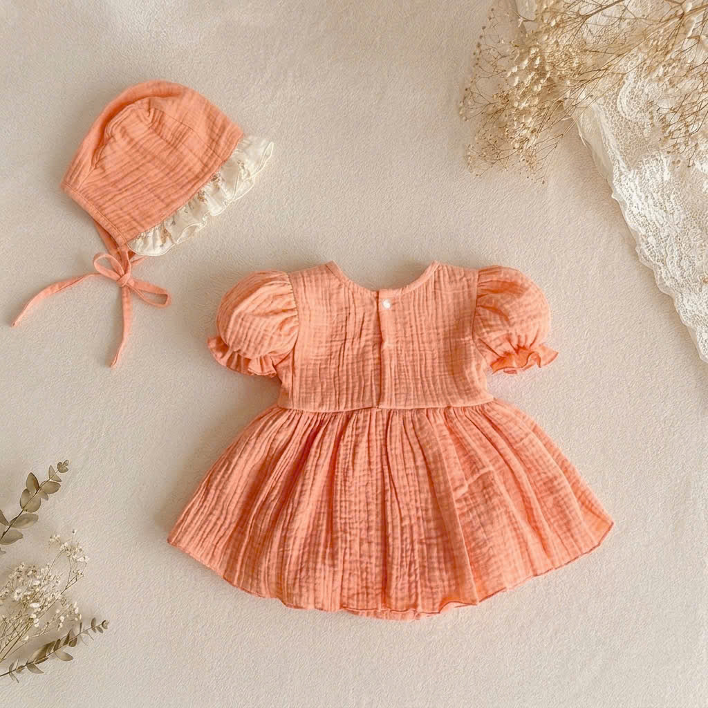 Peach Glow Fleur Muslin Romper Set Newborn–2 Years | Cotton Apron Baby Outfit with Bonnet | Vintage Birthday & Photoshoot Outfit