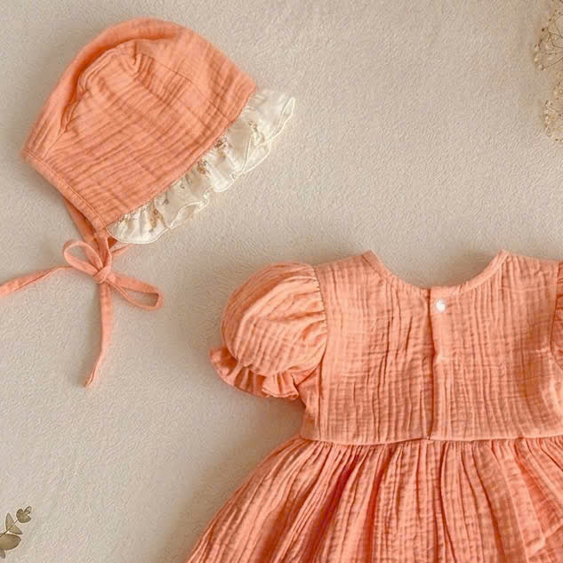 Peach Glow Fleur Muslin Romper Set Newborn–2 Years | Cotton Apron Baby Outfit with Bonnet | Vintage Birthday & Photoshoot Outfit