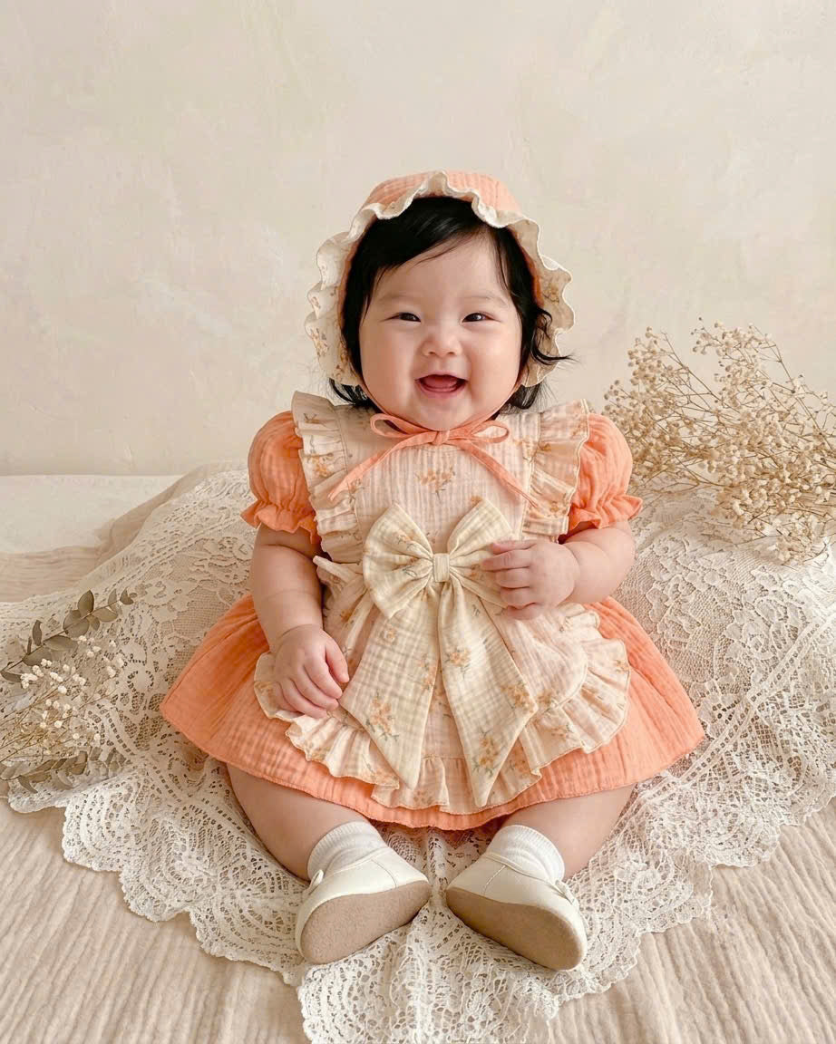 Peach Glow Fleur Muslin Romper Set Newborn–2 Years | Cotton Apron Baby Outfit with Bonnet | Vintage Birthday & Photoshoot Outfit