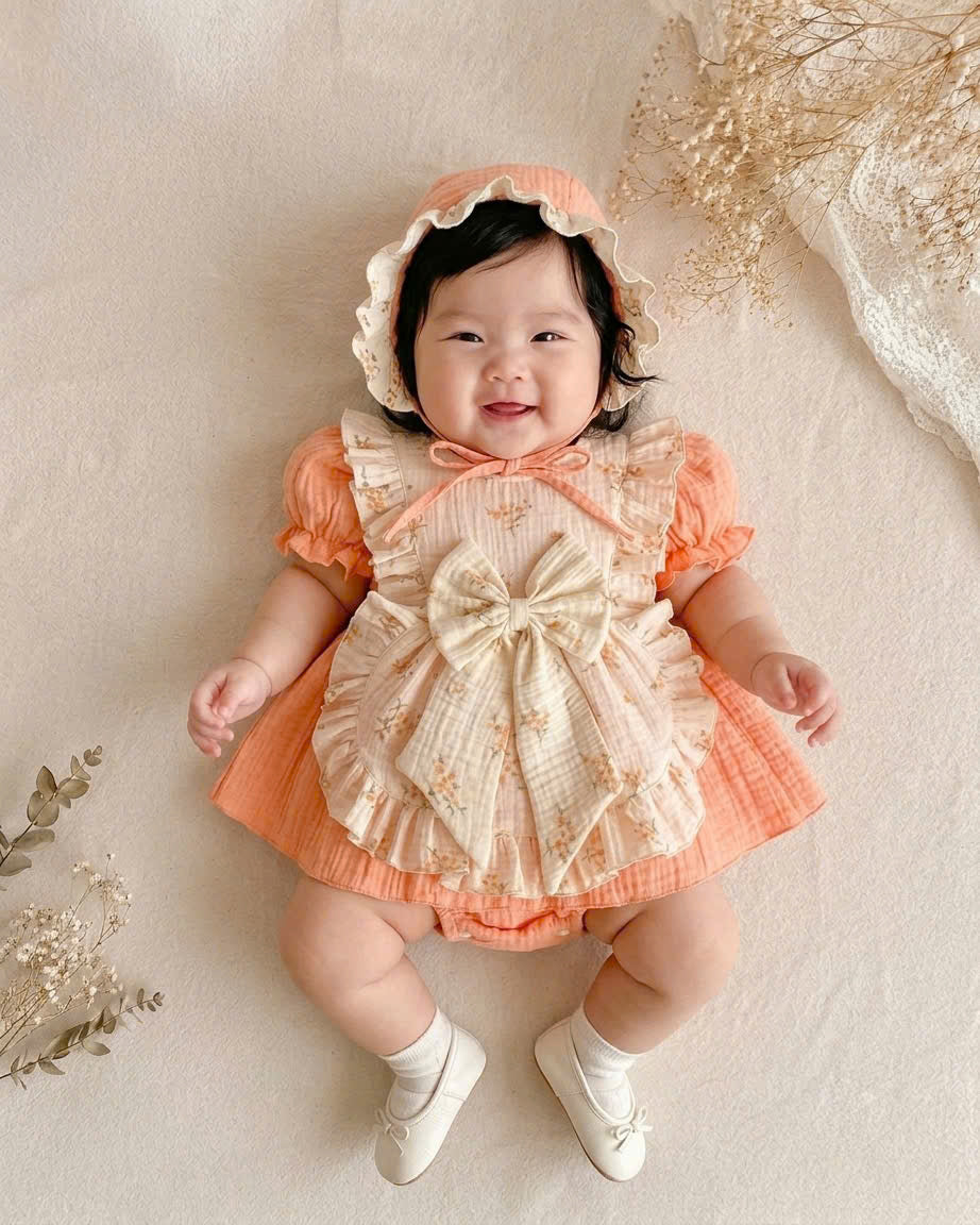 Peach Glow Fleur Muslin Romper Set Newborn–2 Years | Cotton Apron Baby Outfit with Bonnet | Vintage Birthday & Photoshoot Outfit