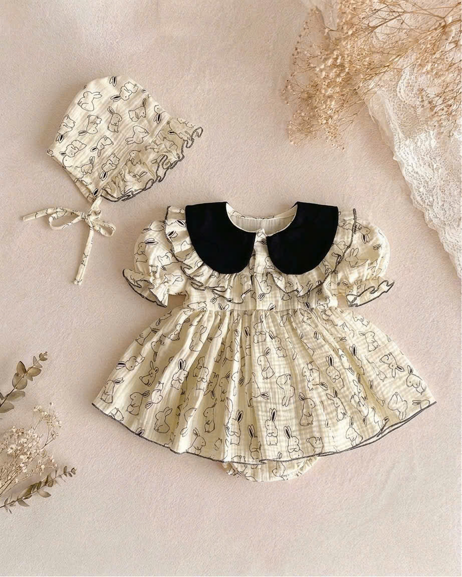 Bunny Sketch Muslin Romper Dress with Bonnet Newborn–2 Years | Vintage Peter Pan Collar Baby Outfit