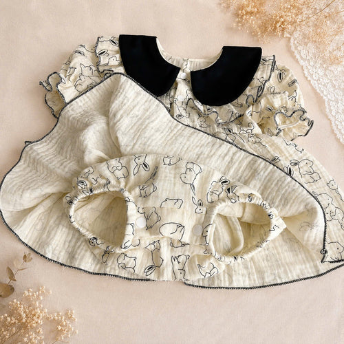 Bunny Sketch Muslin Romper Dress with Bonnet Newborn–2 Years | Vintage Peter Pan Collar Baby Outfit