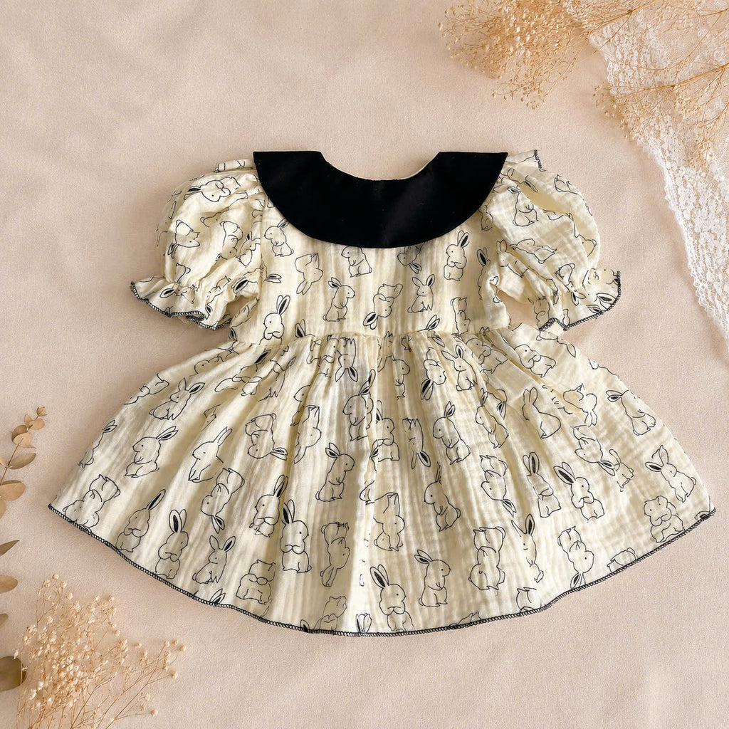 Bunny Sketch Muslin Romper Dress with Bonnet Newborn–2 Years | Vintage Peter Pan Collar Baby Outfit