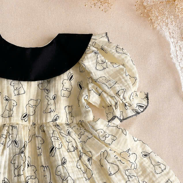 Bunny Sketch Muslin Romper Dress with Bonnet Newborn–2 Years | Vintage Peter Pan Collar Baby Outfit