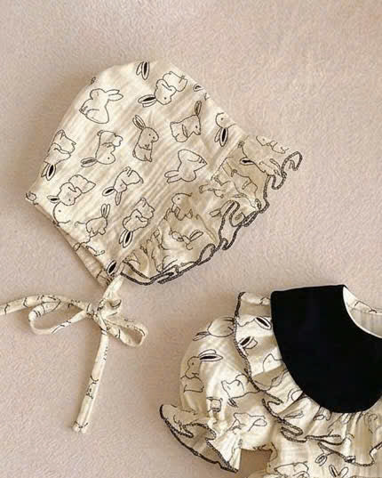 Bunny Sketch Muslin Romper Dress with Bonnet Newborn–2 Years | Vintage Peter Pan Collar Baby Outfit