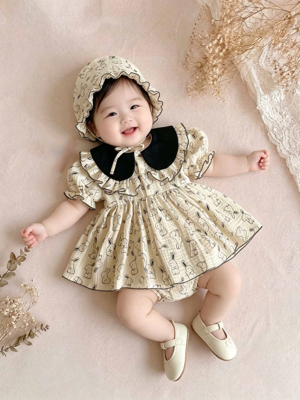 Bunny Sketch Muslin Romper Dress with Bonnet Newborn–2 Years | Vintage Peter Pan Collar Baby Outfit
