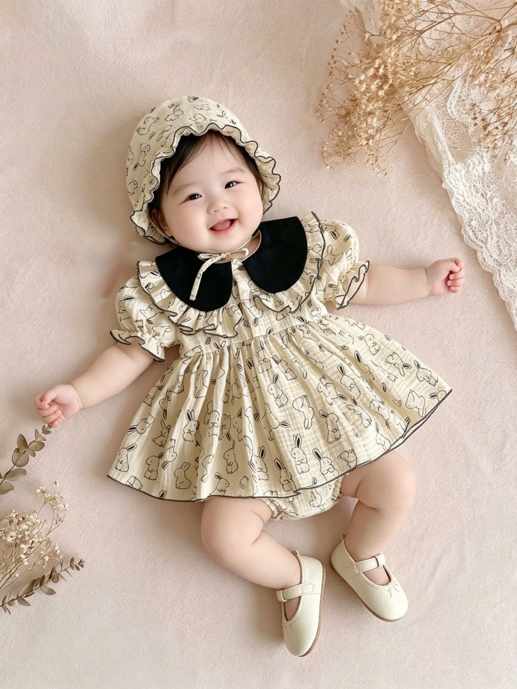 Bunny Sketch Muslin Romper Dress with Bonnet Newborn–2 Years | Vintage Peter Pan Collar Baby Outfit