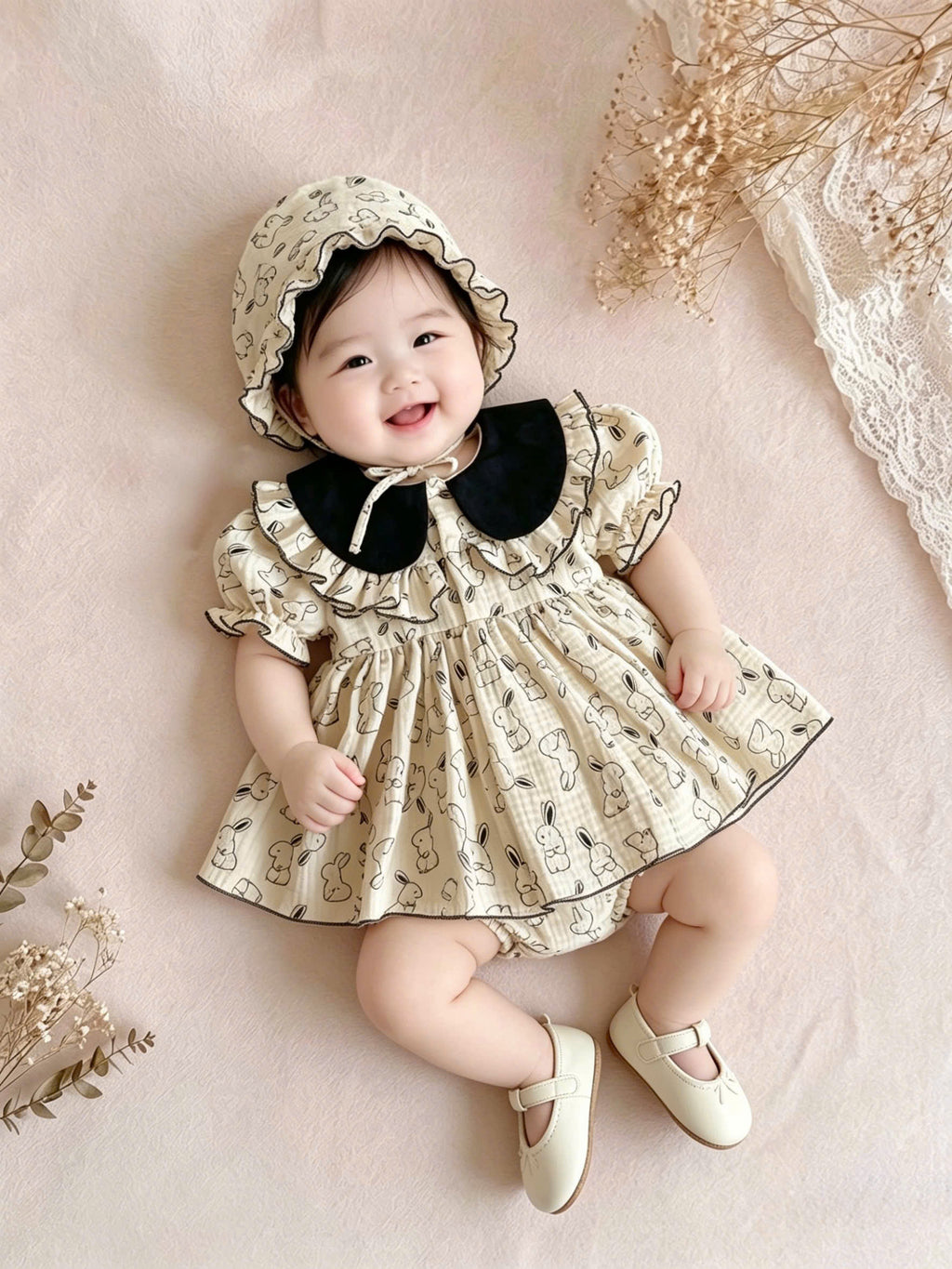 Bunny Sketch Muslin Romper Dress with Bonnet Newborn–2 Years | Vintage Peter Pan Collar Baby Outfit
