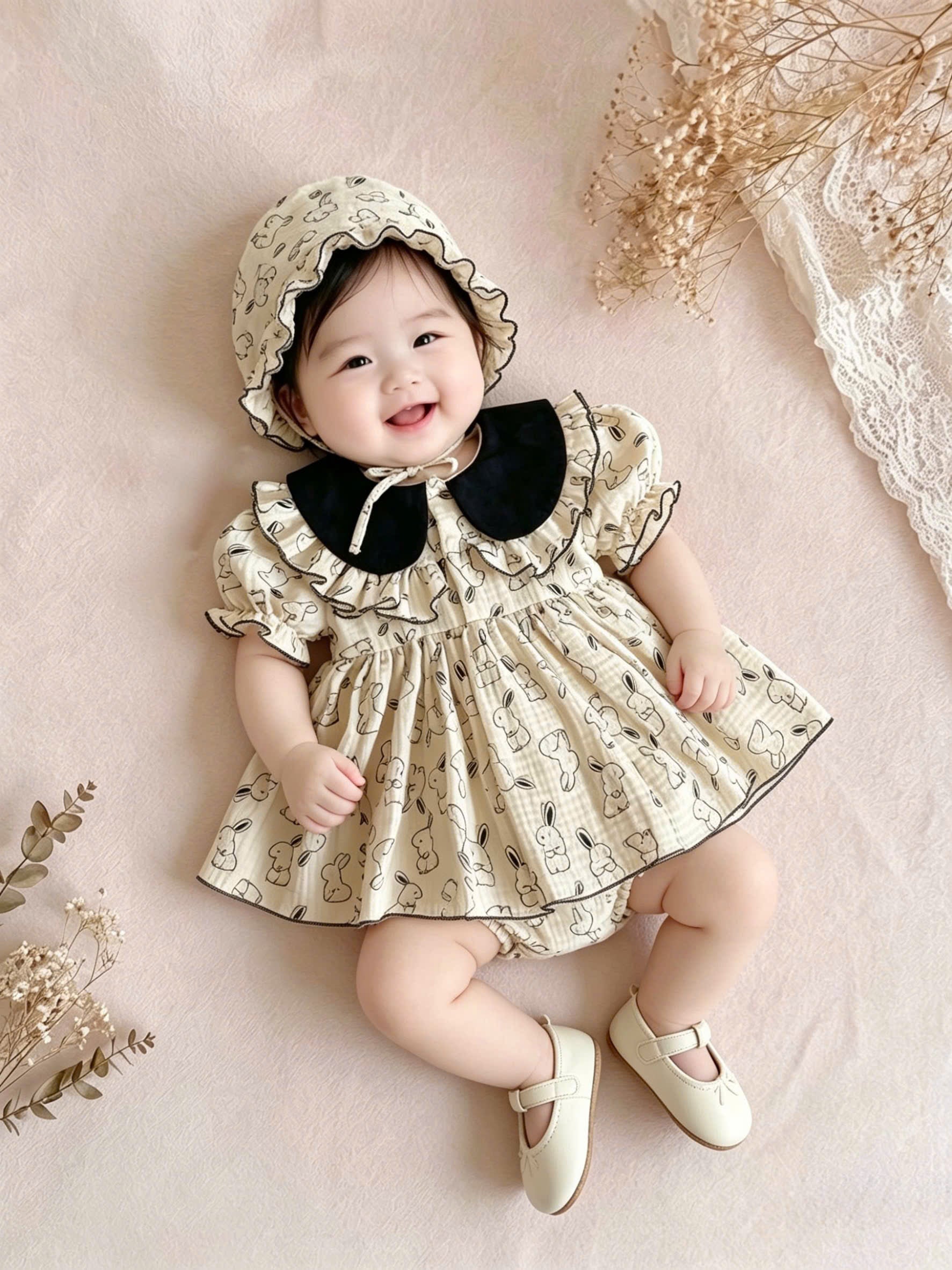 Bunny Sketch Muslin Romper Dress with Bonnet Newborn–2 Years | Vintage Peter Pan Collar Baby Outfit