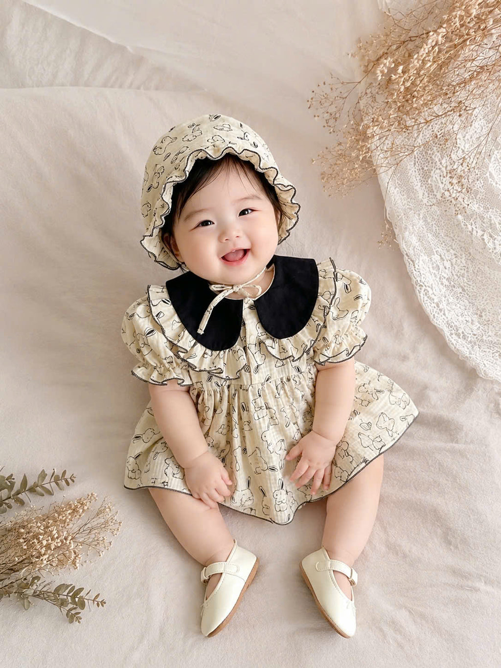 Bunny Sketch Muslin Romper Dress with Bonnet Newborn–2 Years | Vintage Peter Pan Collar Baby Outfit