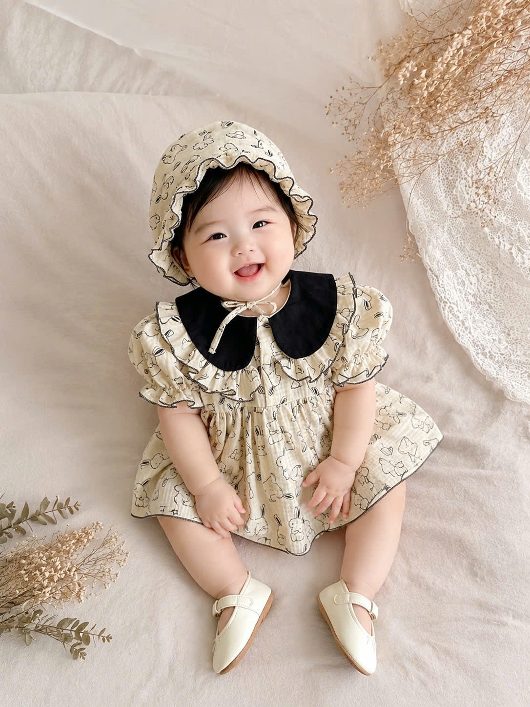 Bunny Sketch Muslin Romper Dress with Bonnet Newborn–2 Years | Vintage Peter Pan Collar Baby Outfit